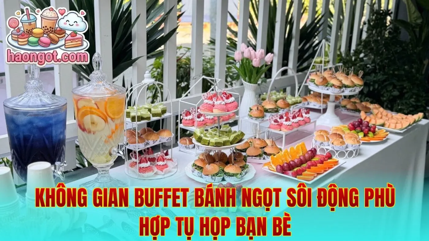 Không gian buffet bánh ngọt sôi động phù hợp tụ họp bạn bè