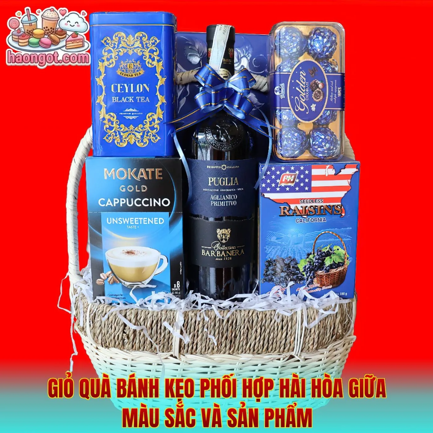 Giỏ quà bánh kẹo phối hợp hài hòa giữa màu sắc và sản phẩm