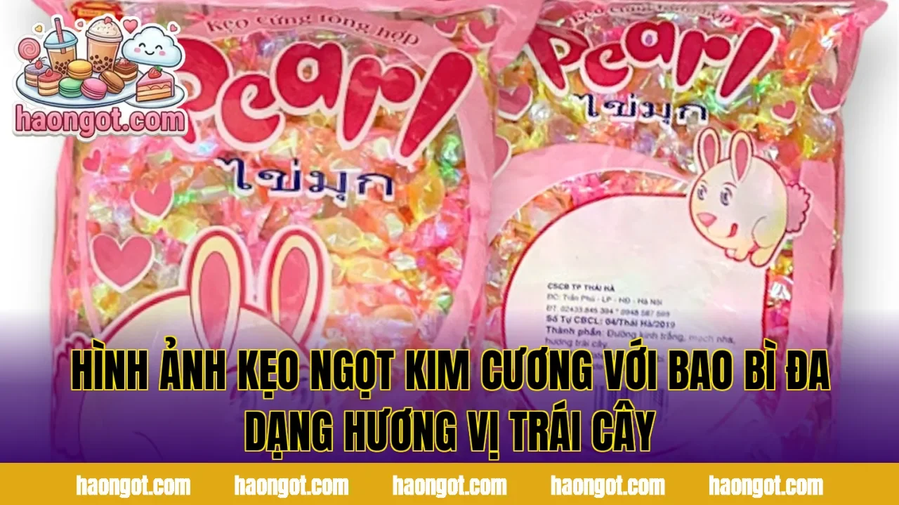 Hình ảnh kẹo ngọt kim cương với bao bì đa dạng hương vị trái cây